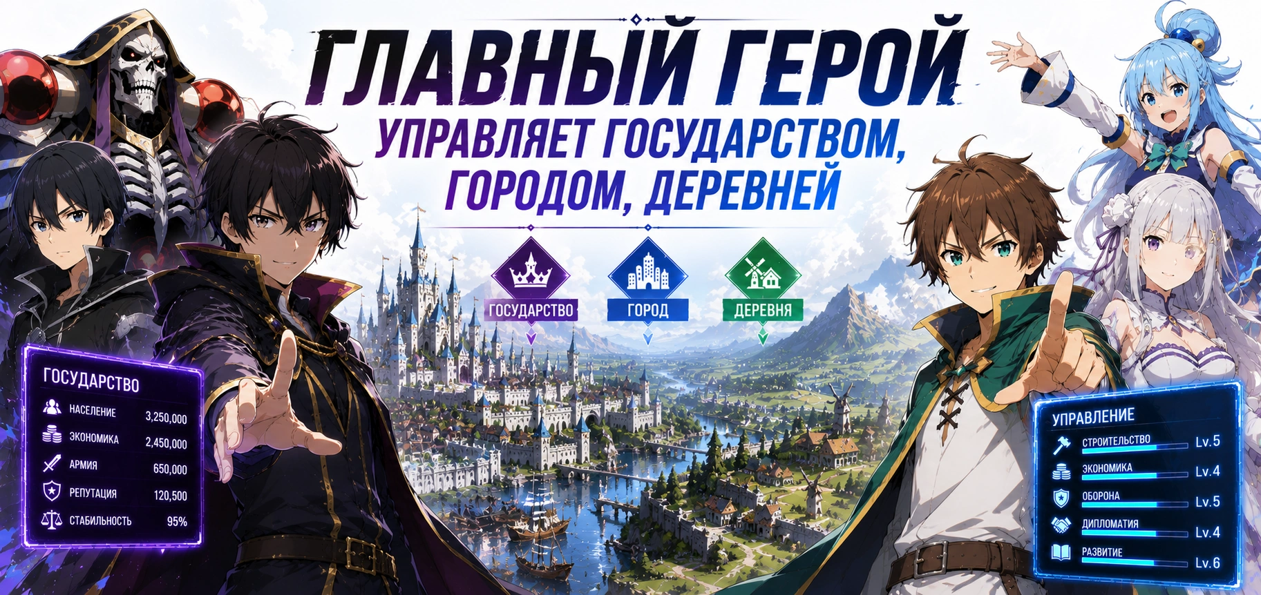 Главный герой управляет государством, городом, деревней